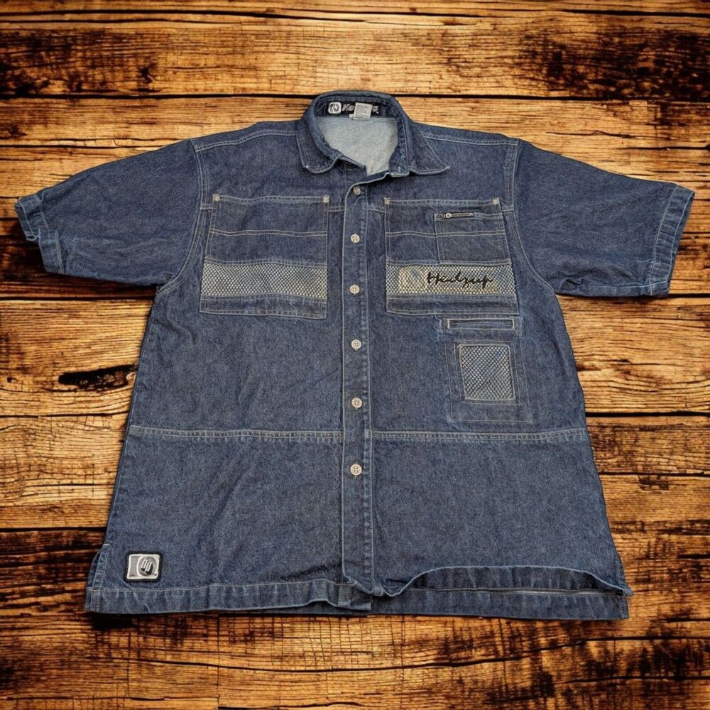 Hedz-Up‎ HU Vtg Urban Street Gear Denim Shirt Jacket Men XL Hip Hop Jacket